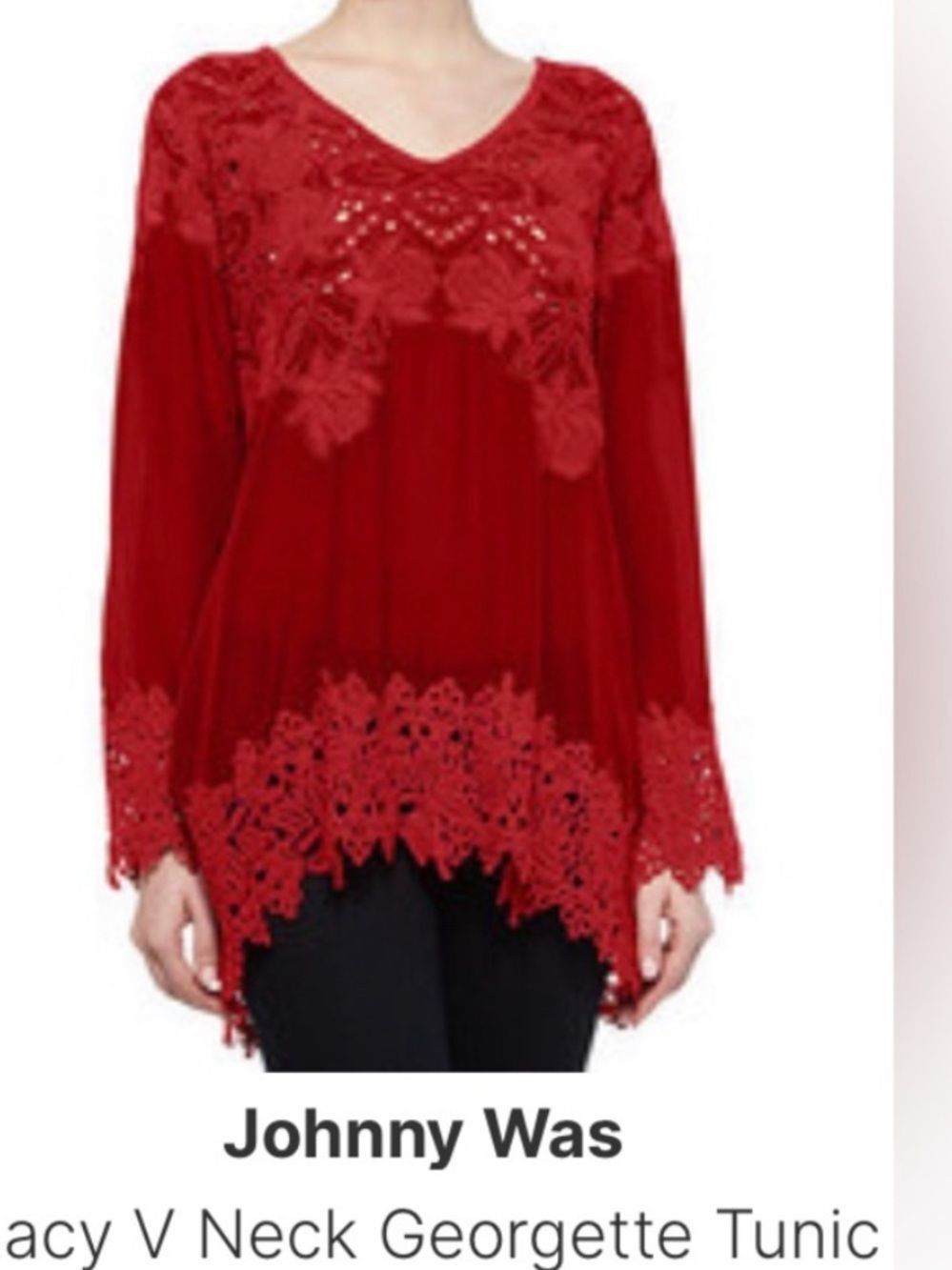 Johnny Was red crochet lace tunic features intricate floral lace Small
